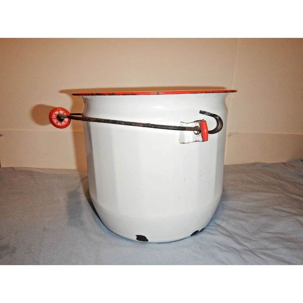 Vintage Enamelware 3 Pc Lot Chamber Pot Wash Basin Bowl White Red Trim Farmhouse